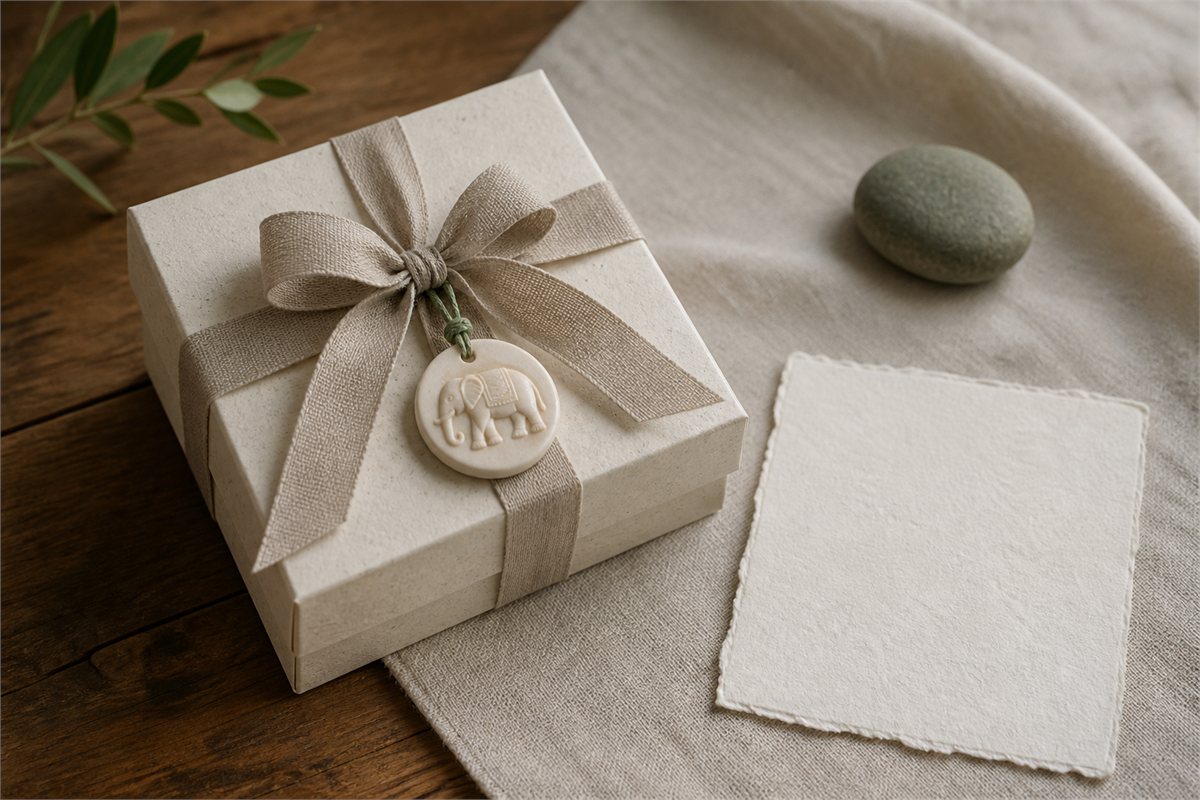 Neutral gift box with linen ribbon and a small white elephant medallion beside a blank handmade card