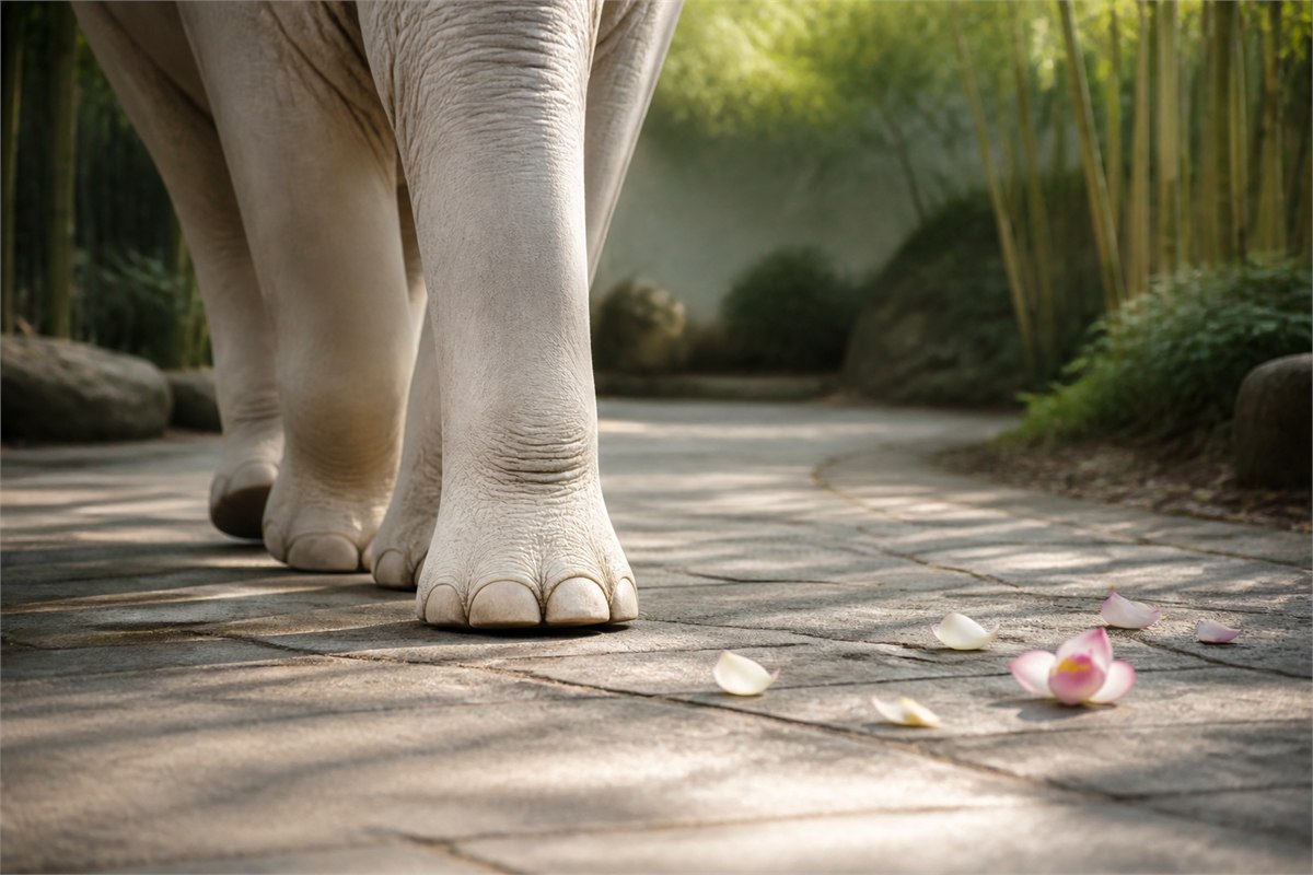 Close view of a white elephant taking a measured step on a pale stone path with lotus petals