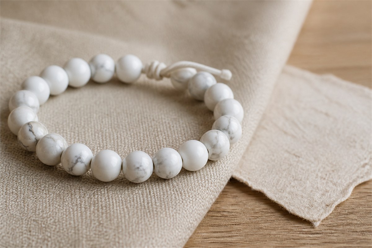 Round white howlite bracelet with delicate gray veining on ivory linen