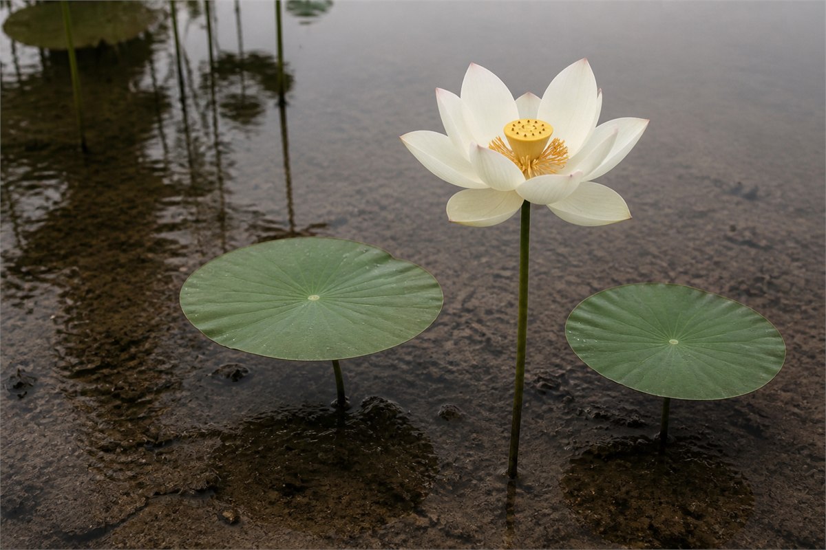 Pale lotus flower standing clean above a natural muddy pond