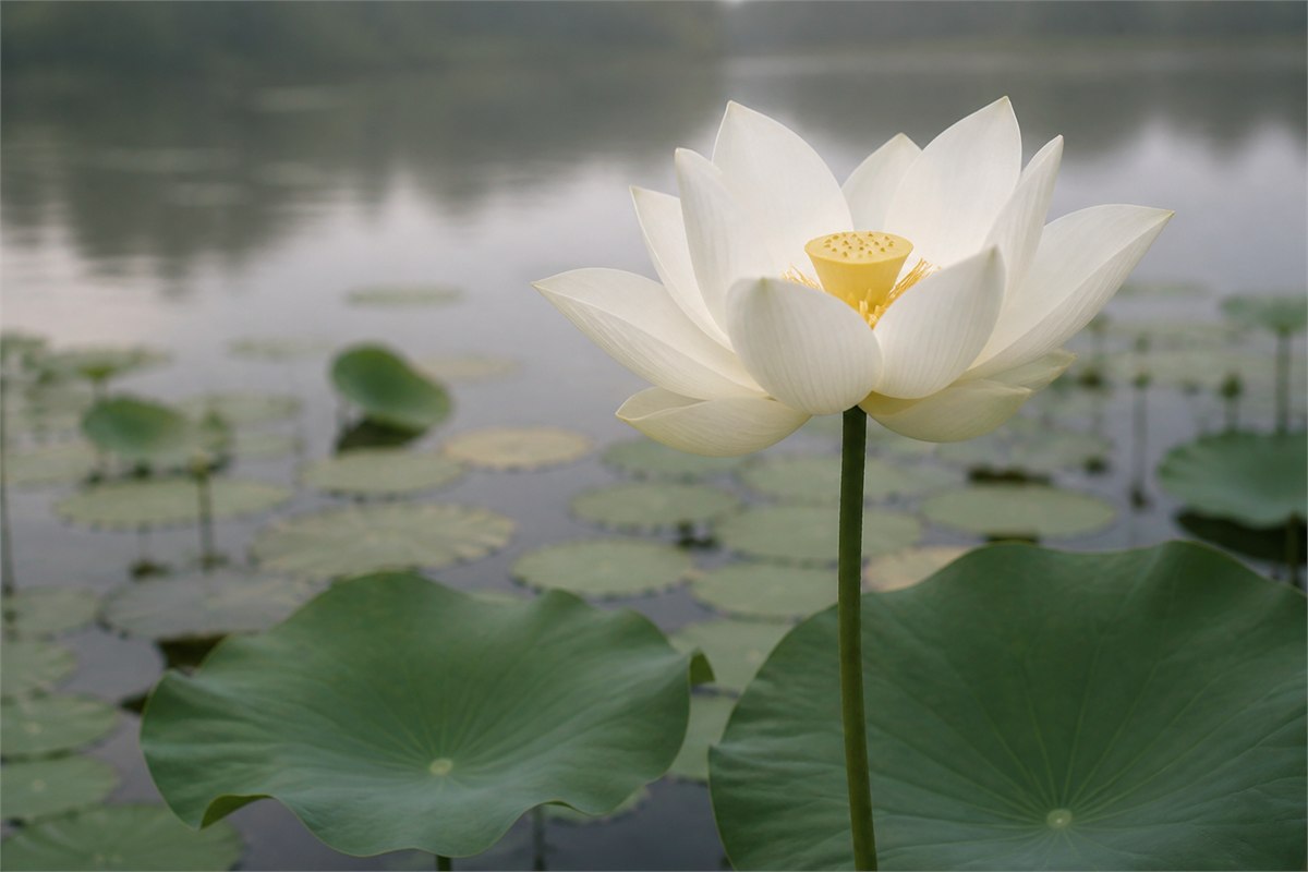 Ivory-white sacred lotus above a quiet pond with round green lotus leaves
