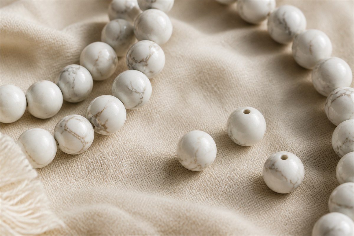 Round white veined beads showing drilled holes, smooth edges, and surface variation