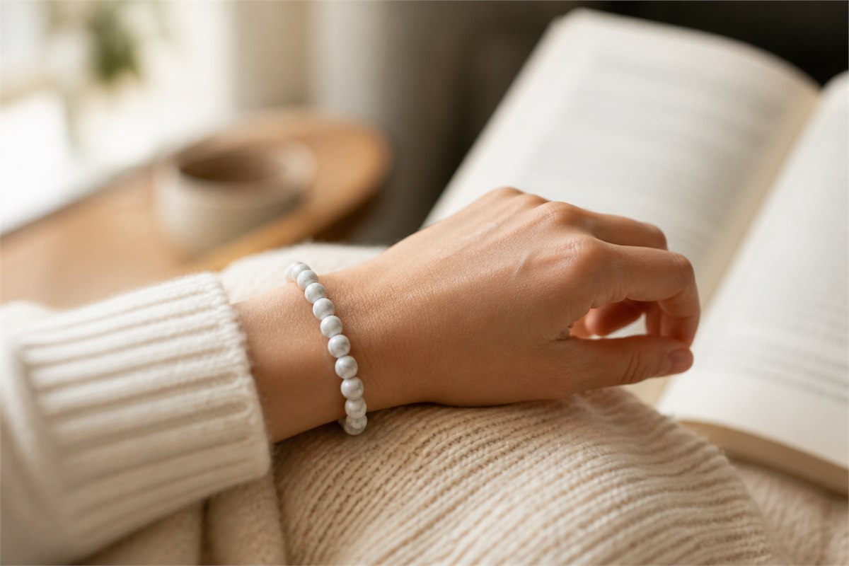 Adult wrist wearing a small white veined bead bracelet beside an open book
