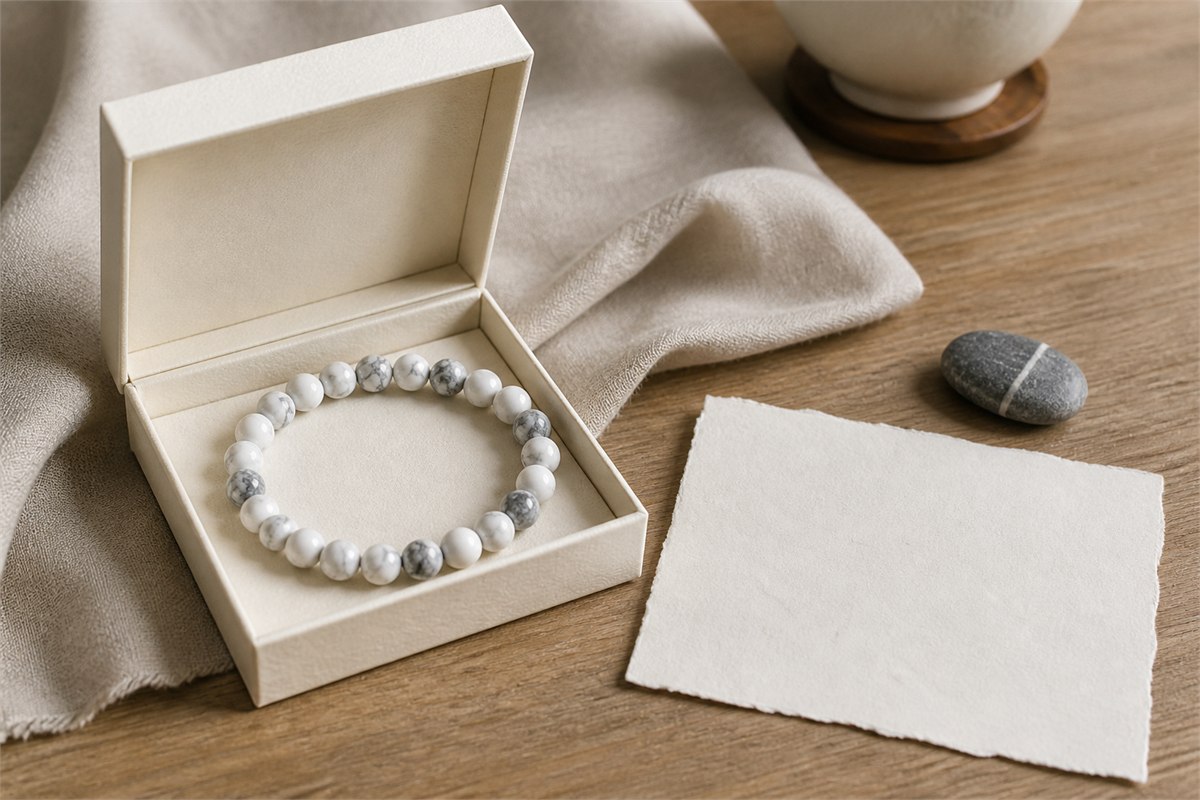 White veined bracelet presented in an ivory fabric gift box with a blank note