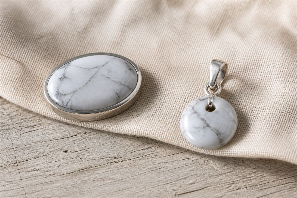Two white stone pendants in secure silver-toned bezel and bail settings