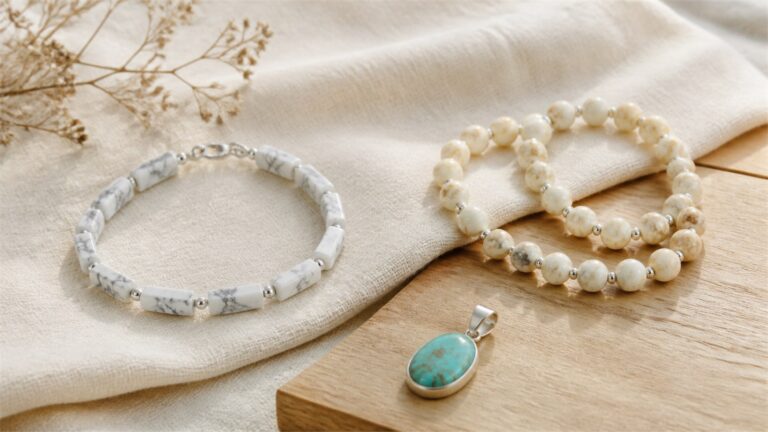 White veined bracelet, cream bead strand, and pale turquoise pendant on ivory linen