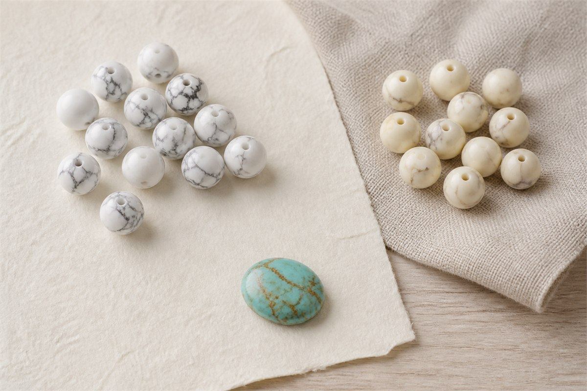 Separated groups of white veined beads, cream beads, and a pale turquoise pendant