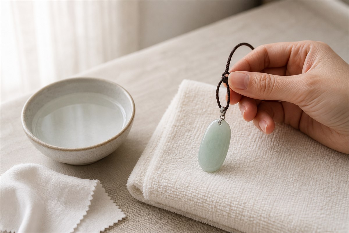 A hand checks the cord knot of a dry jade pendant above a towel beside plain room-temperature water and a soft cloth.