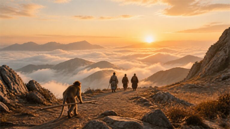 A natural monkey with a plain staff following three companions toward a sunrise mountain pass
