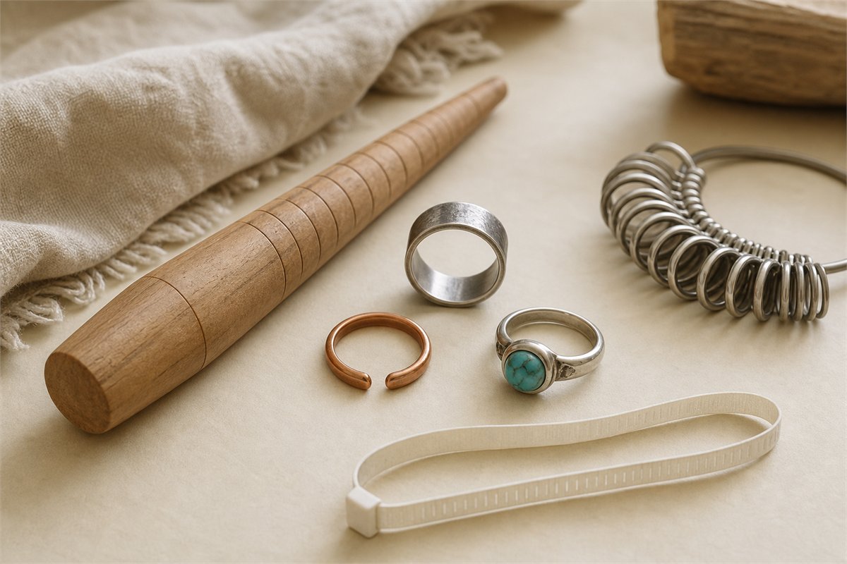 Wide ring, open copper ring, turquoise bezel ring, wooden mandrel, ring gauges, and measuring strip