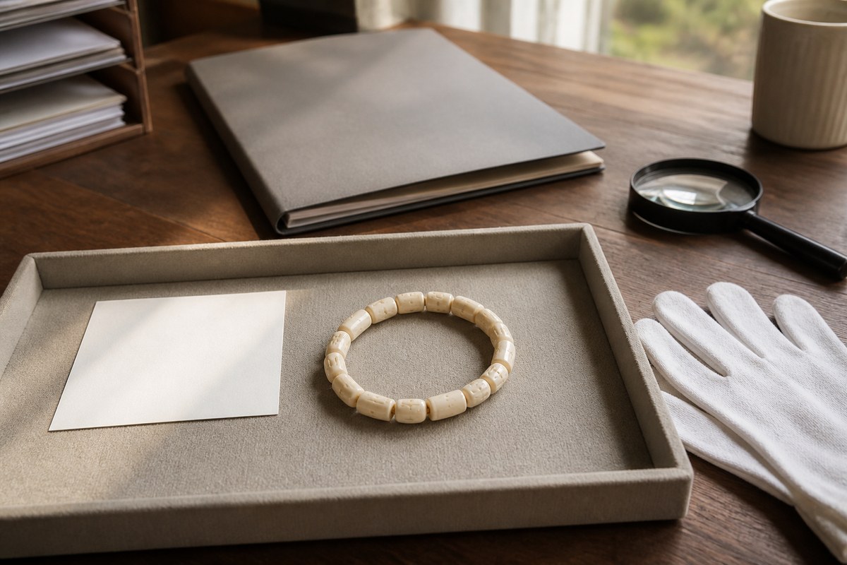 An ordinary bone bracelet in an inspection tray beside blank paperwork and gloves.