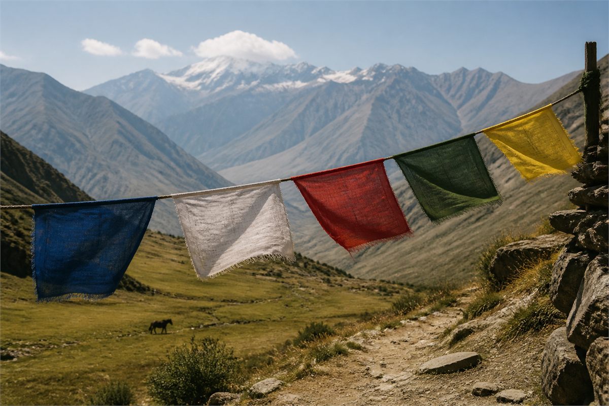 Five plain colored fabric flags above a Himalayan mountain path with a distant horse in the meadow