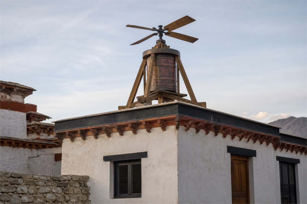 Wind rotor and copper prayer wheel housing mounted on a monastery outbuilding