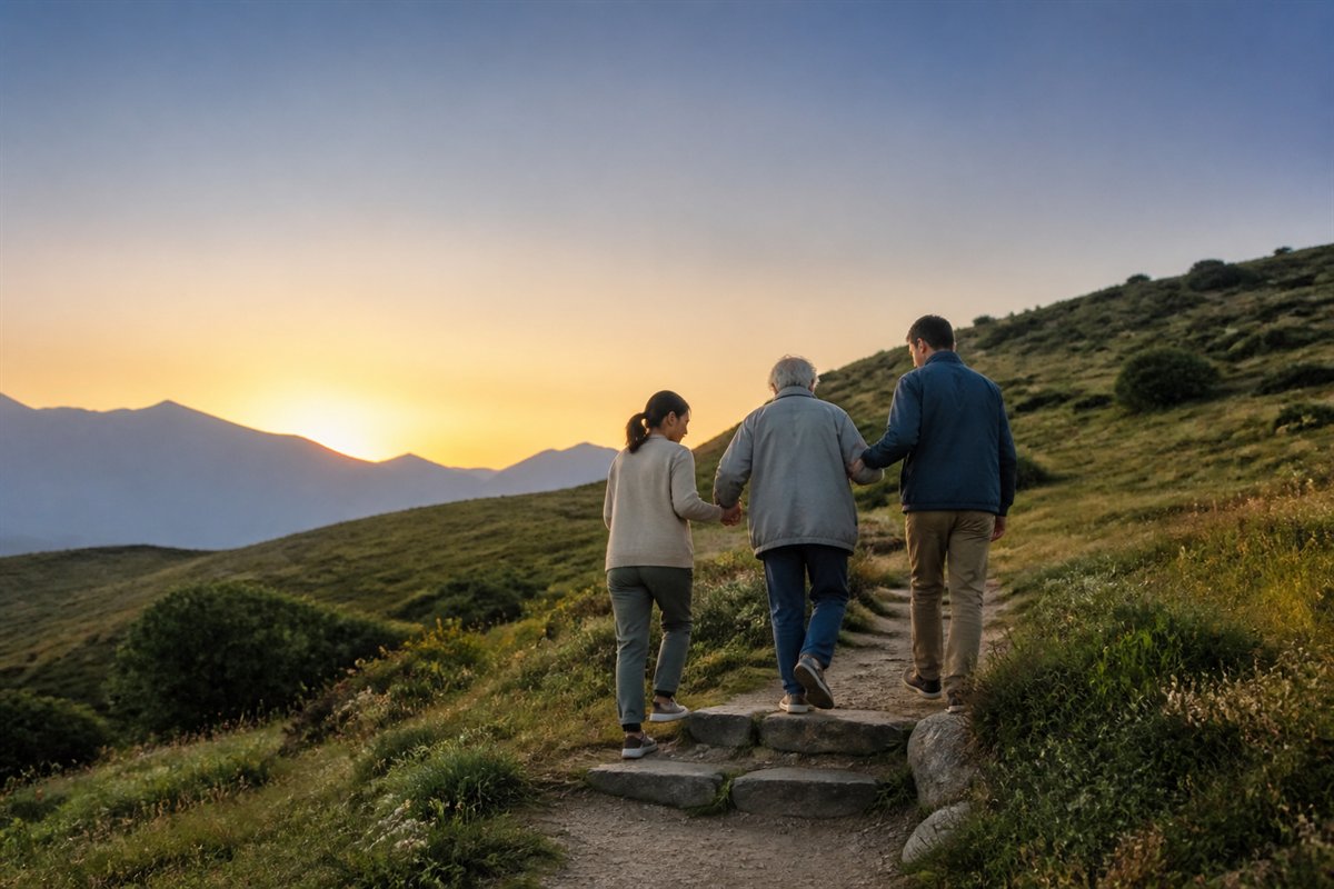 Three people helping an older companion along a mountain path at dawn