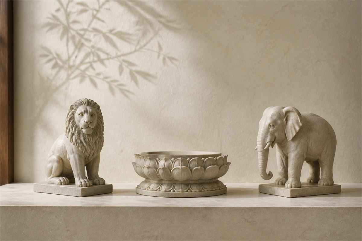 Stone lion and elephant sculptures placed on either side of an empty carved lotus pedestal