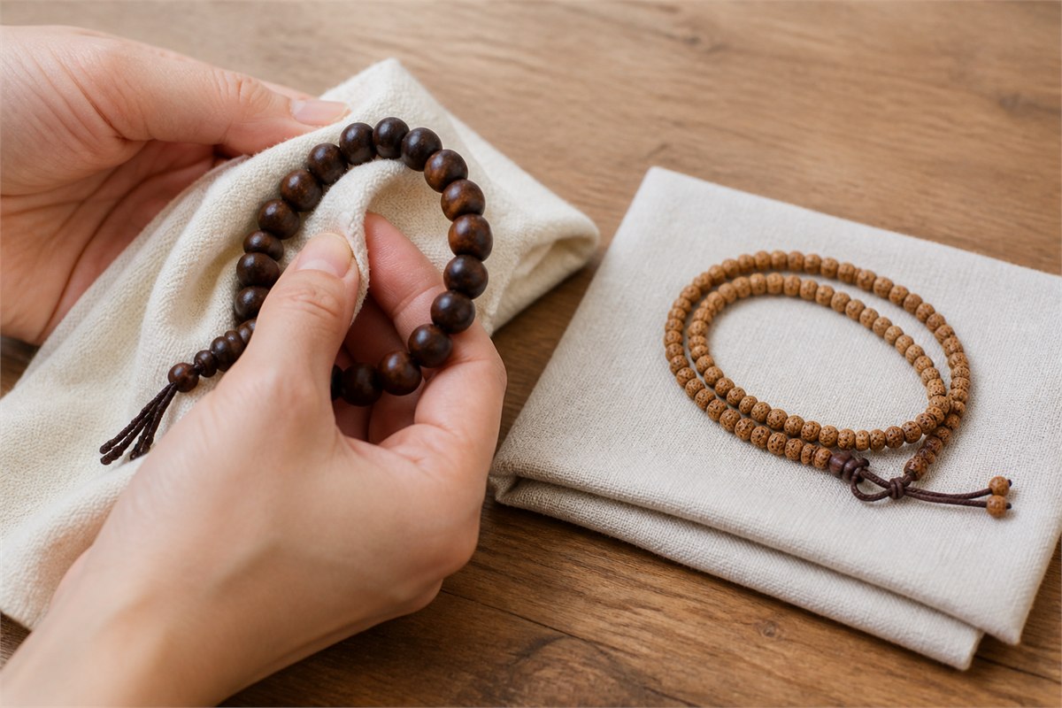 Soft dry cloth cleaning wood and seed bead bracelets