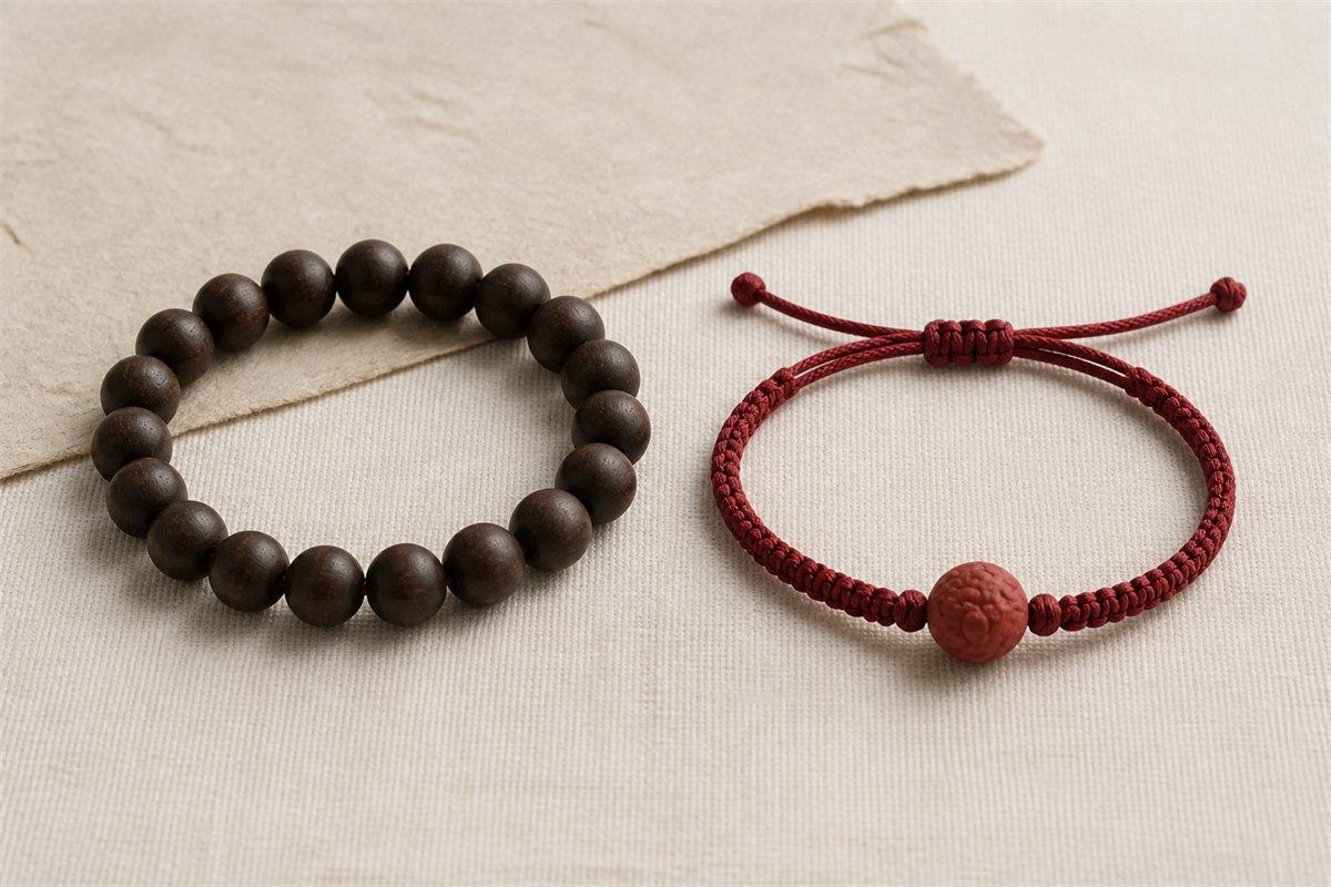 Dark wooden bead bracelet and muted red woven cord bracelet with a red resin bead