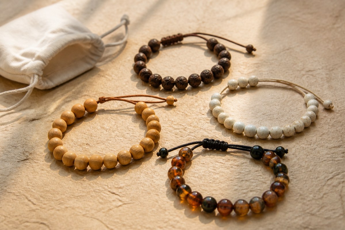 Separate light wood, dark seed, pale ceramic, and resin bead bracelets with visible grain, pores, holes, and cord