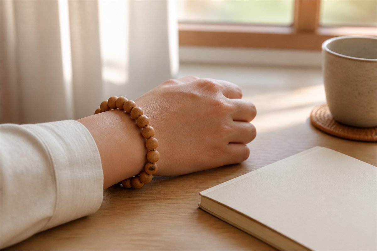 An adult wears a simple wooden bead bracelet while writing beside a sunlit window.