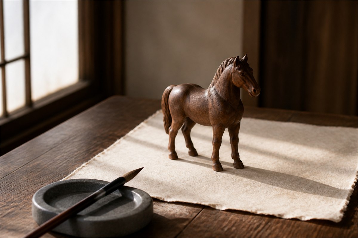 Hand-carved wooden horse on handmade paper beside an ink brush and stone dish