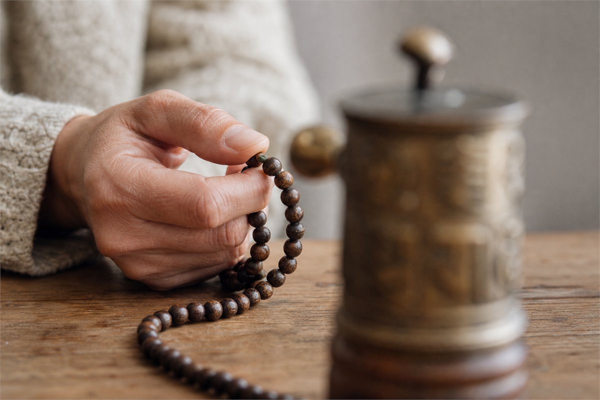 Adult hand moving dark wooden mala beads beside a softly blurred bronze prayer wheel