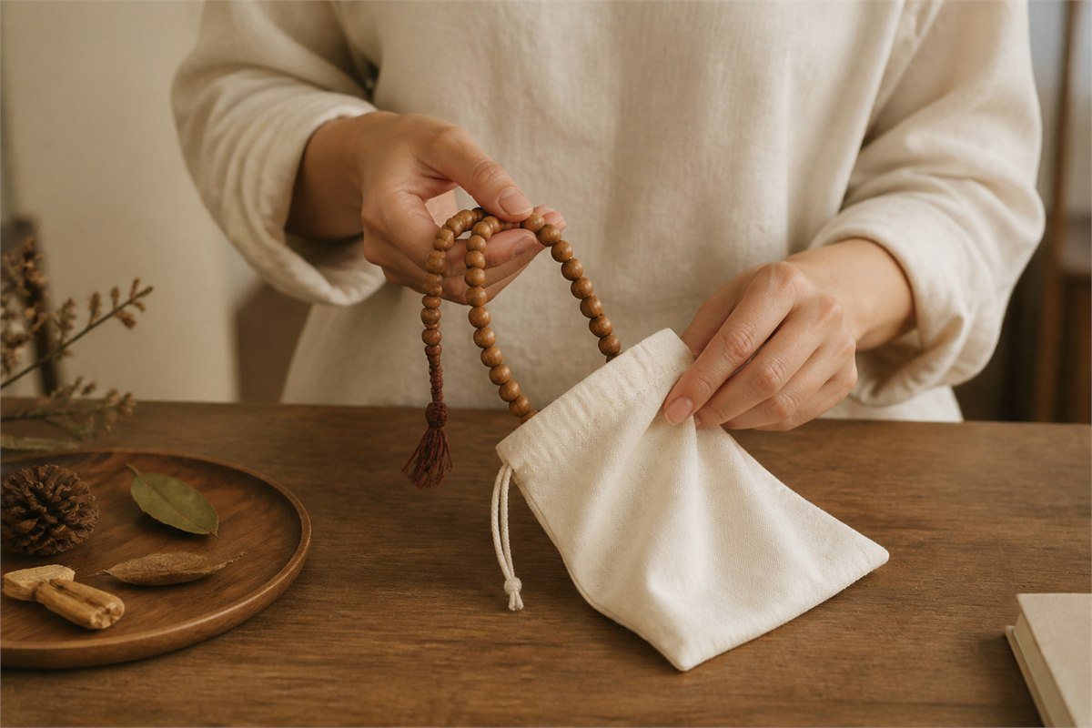 Hands placing dry wooden prayer beads into a clean soft cloth pouch on a table