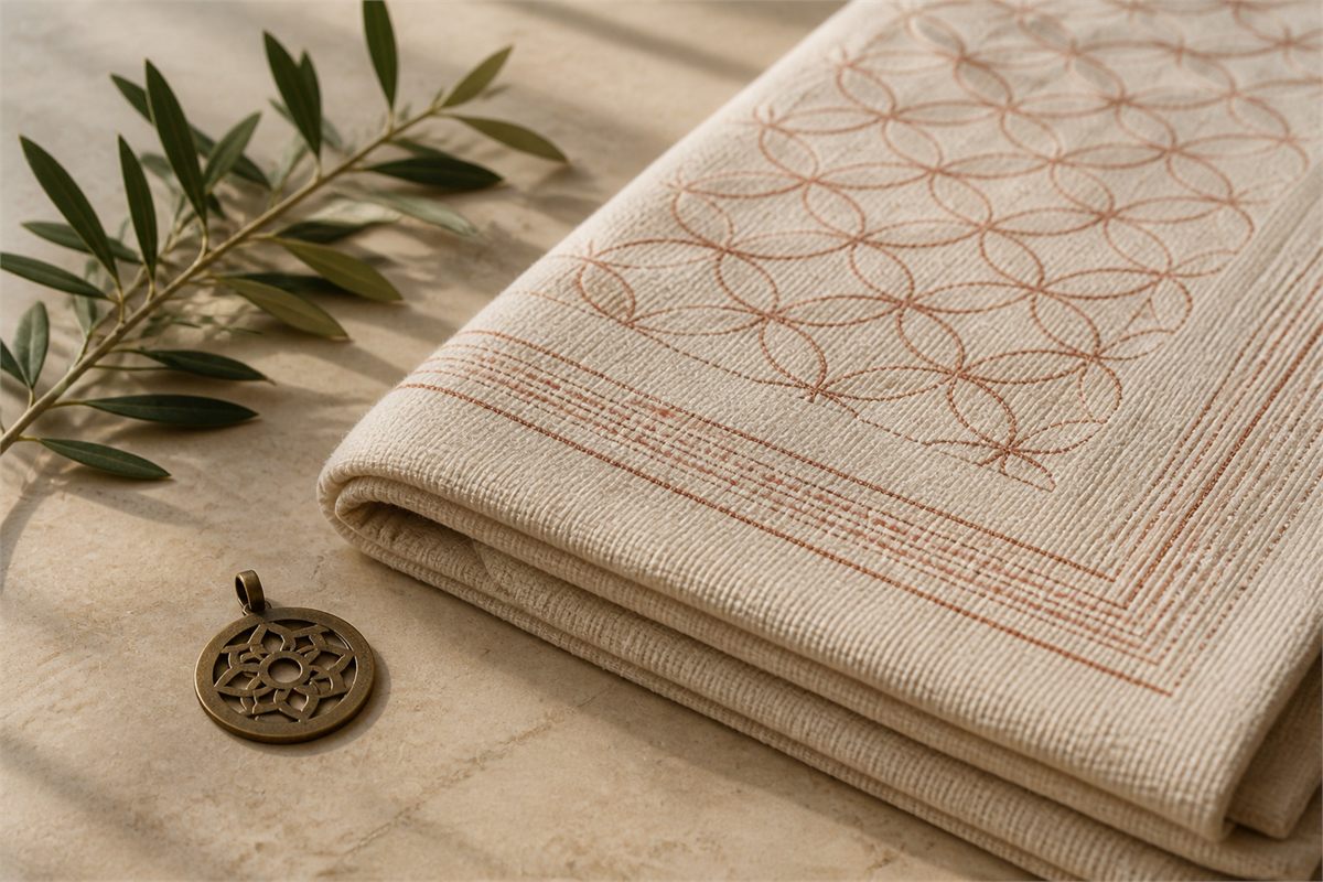Folded cream textile with a muted circular pattern beside a plain bronze-toned pendant