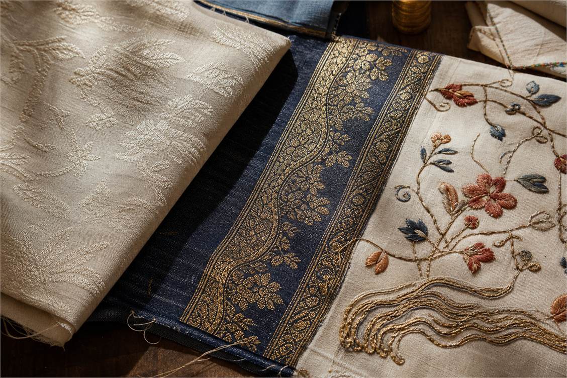 Close view of jacquard, metallic woven border and floral embroidery on ivory and indigo textiles