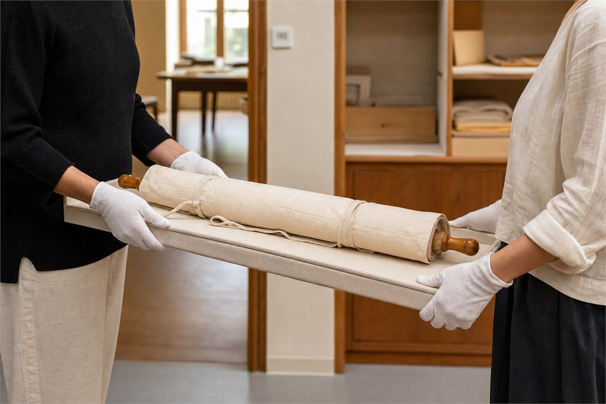 Two handlers wearing clean gloves carrying a wrapped scroll on a padded support tray