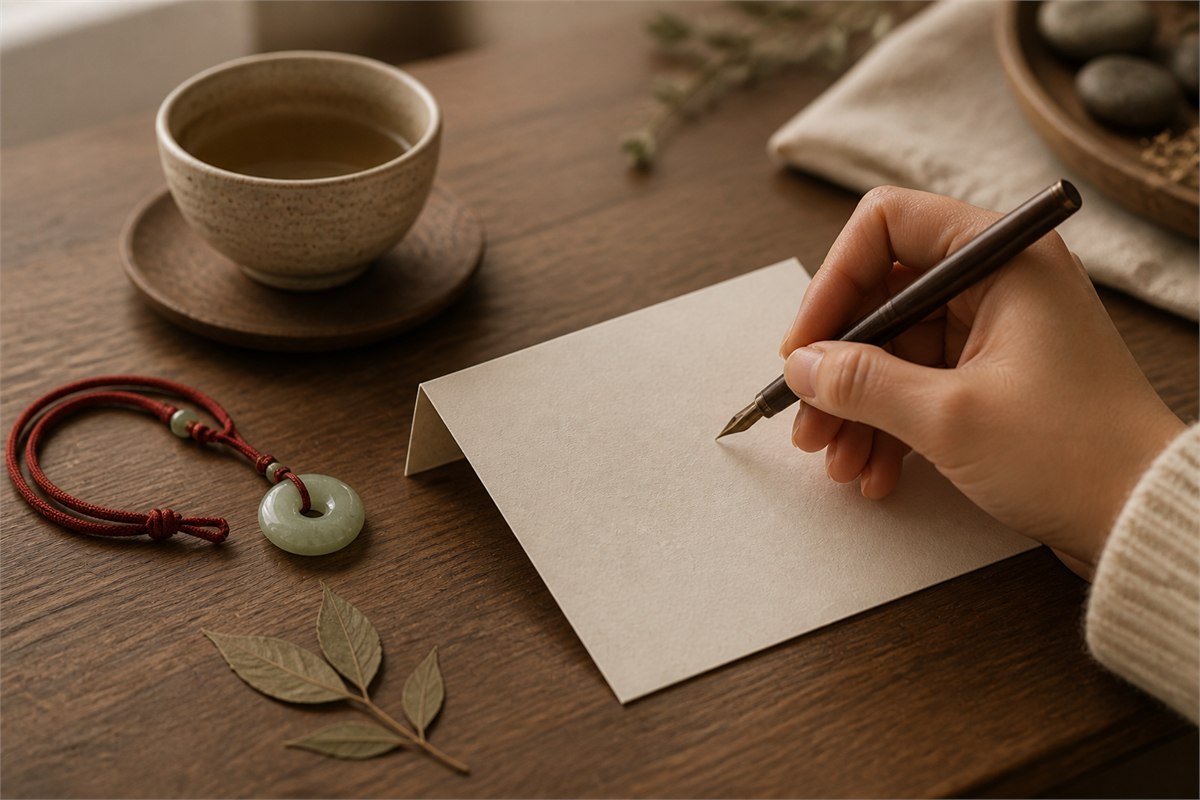 Hand holding a pen above a blank cream card beside a pale green pendant and tea cup
