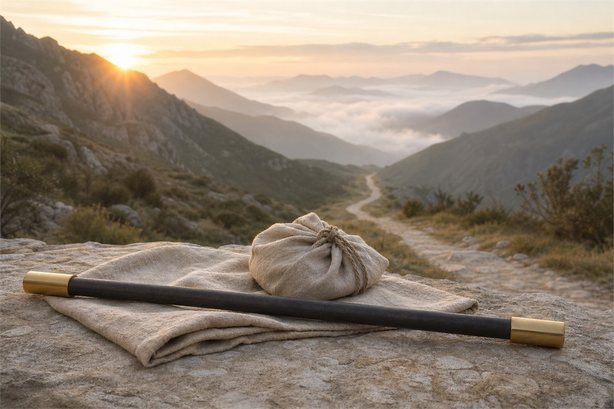 A dark iron staff and plain travel bundle resting beside a mountain path at sunrise