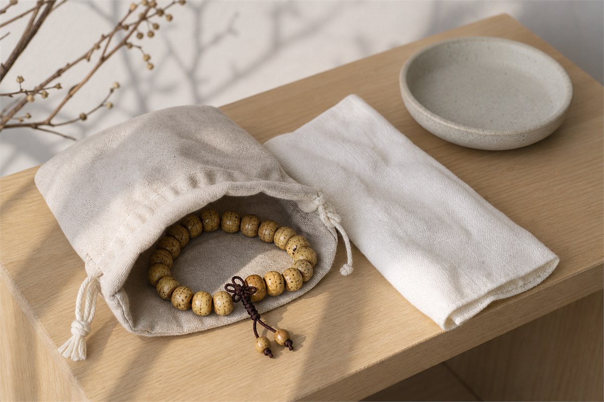 Xingyue bracelet resting inside an open cotton pouch beside a soft cloth