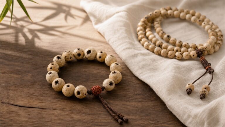 Cream Xingyue Bodhi bracelet and mala on ivory linen and natural wood