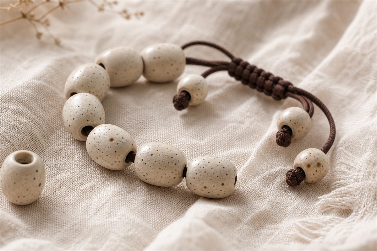 Cream Xingyue bracelet with irregular dark pores, small round depressions, drilled holes, and brown cord