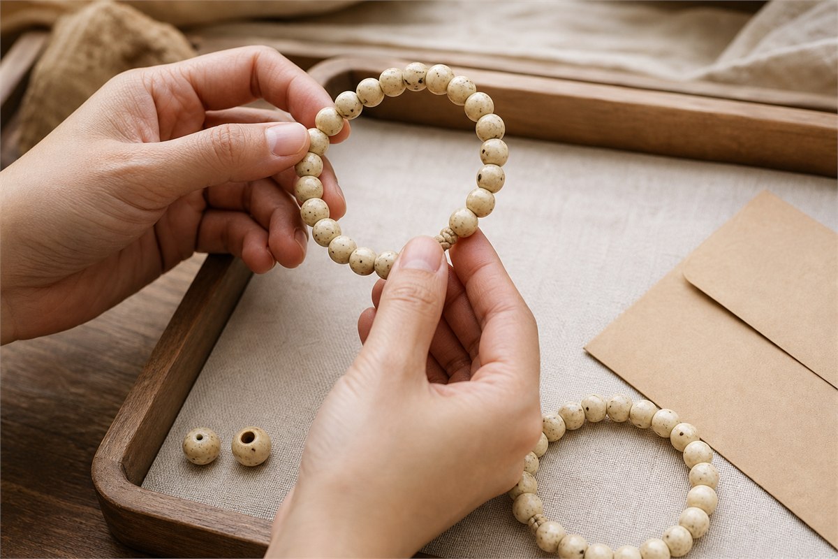 Hands lifting a cream Xingyue bracelet above a linen-lined tray with loose beads nearby