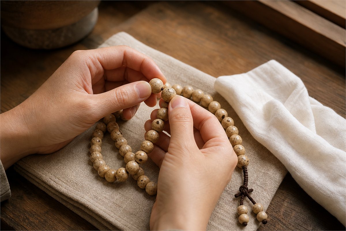 Clean hands gently turning a cream Xingyue mala above folded linen