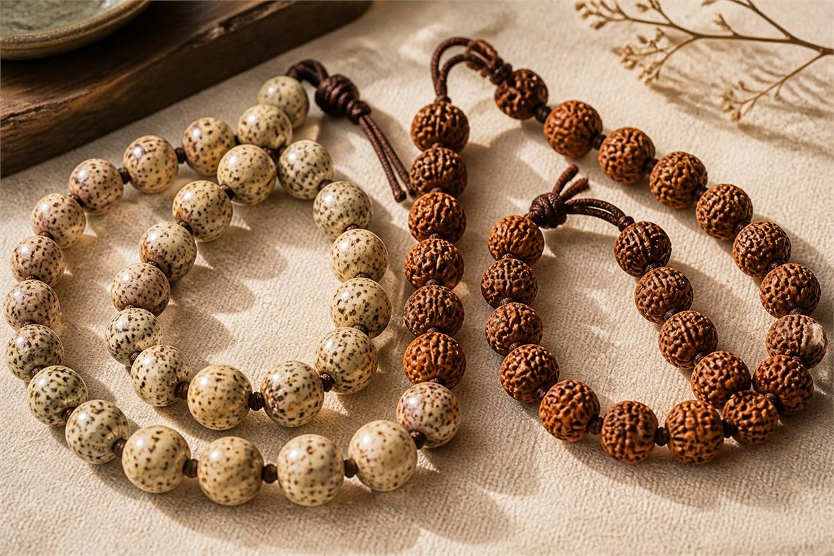 Speckled pale Xingyue beads beside deeply ridged brown Jingang beads