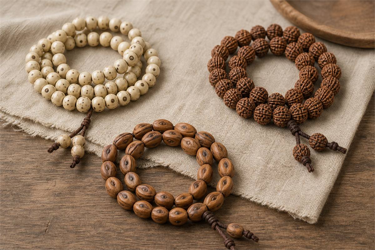 Cream Xingyue, ridged Jingang, and eye-marked phoenix-eye Bodhi strands on linen