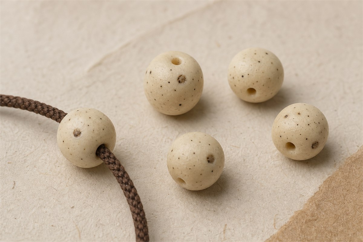 Five cream Xingyue seed beads with tiny dark pores, moon eyes, and drilled cord holes
