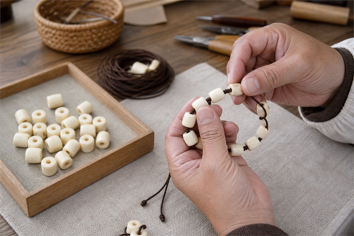 Artisan hands assembling clean pale bone beads on dark brown cord