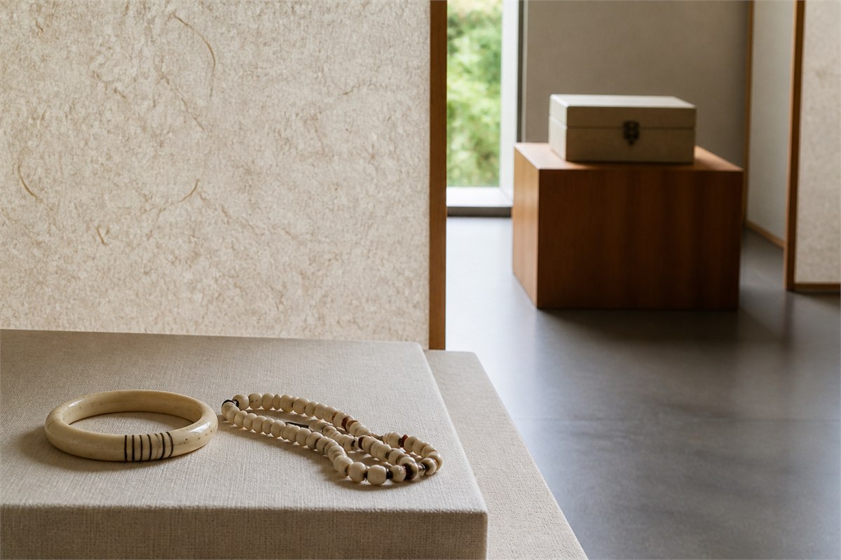 Everyday pale bone bracelet and bead strand displayed apart from a closed archival box