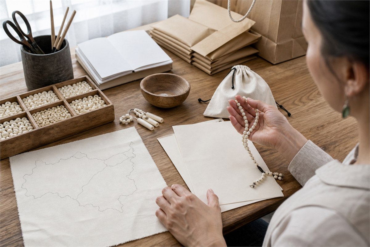 Artisan reviewing pale bone beads with blank records, paper packaging, and a simple origin map
