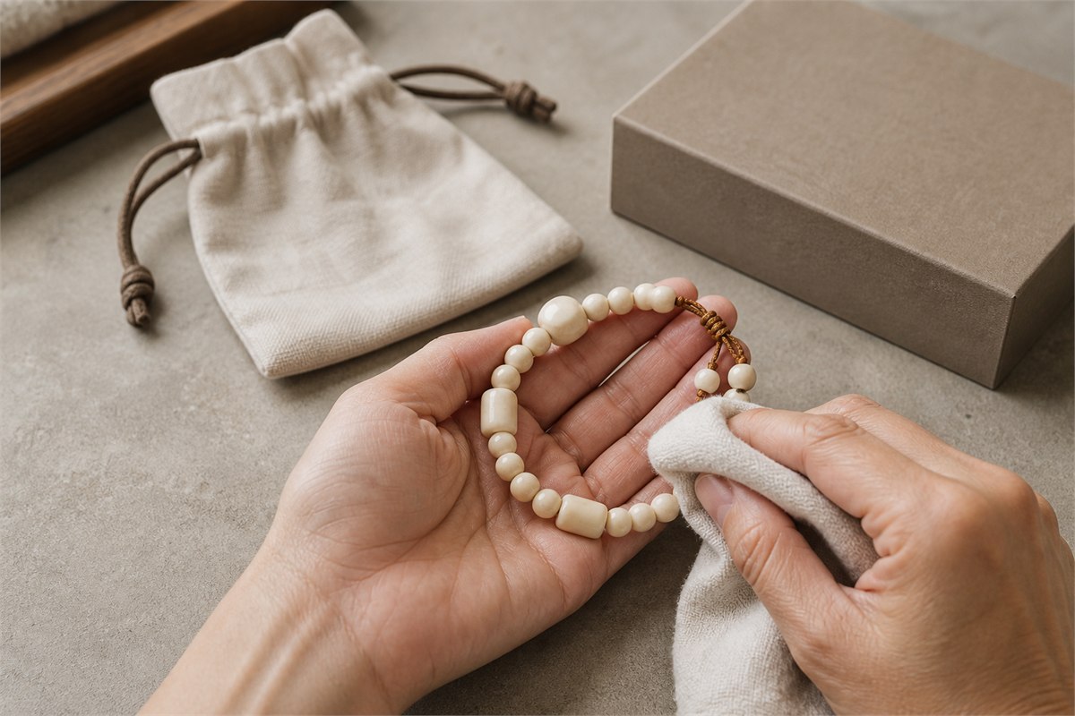 Adult hands wiping a pale bone bead bracelet with a dry soft cloth beside a linen pouch and box