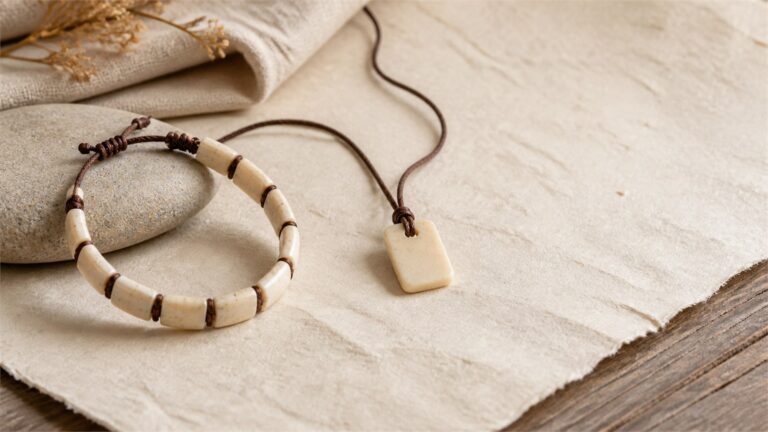 Pale yak bone bracelet and pendant on ivory paper beside linen and a smooth highland stone