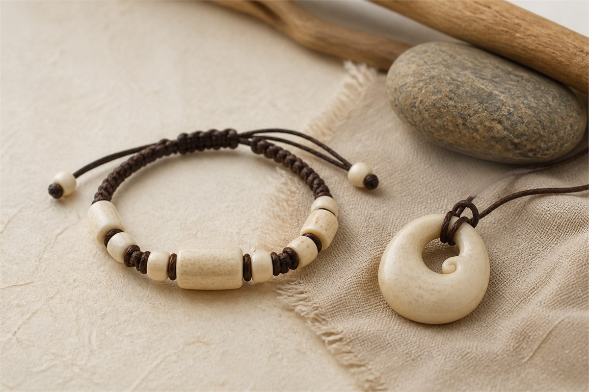 Yak bone bracelet and pendant arranged on warm ivory paper and neutral linen