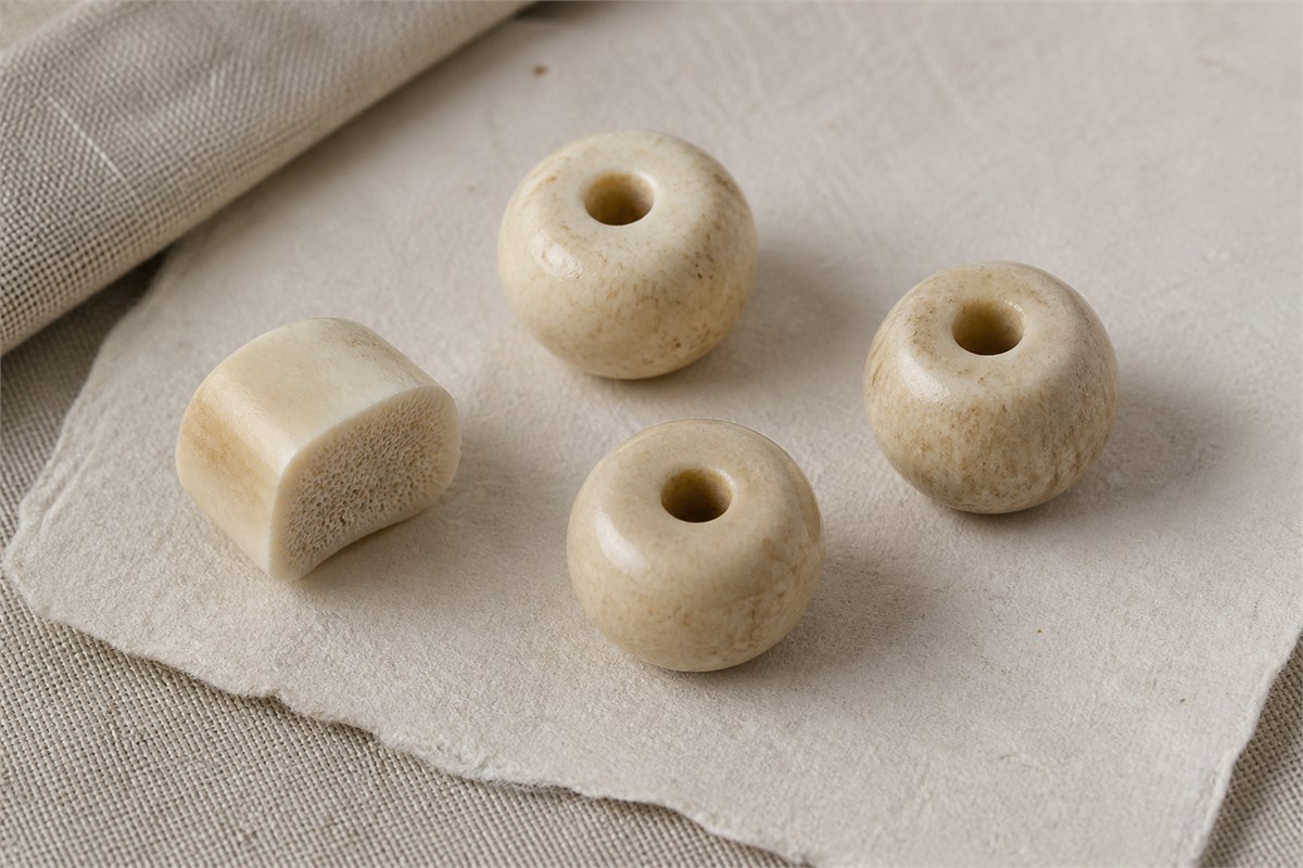 Macro view of pale bone beads with subtle pores, drilled holes, and a clean cross-section sample