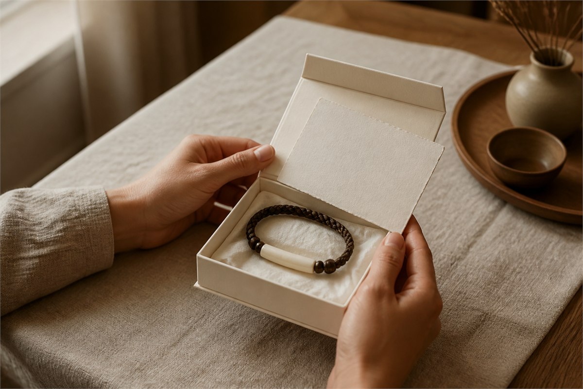Adult hands presenting a pale bone bracelet in an ivory paper gift box with a blank card