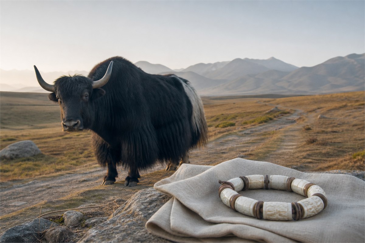 Domestic yak on a highland path with a pale bone bracelet resting on folded linen