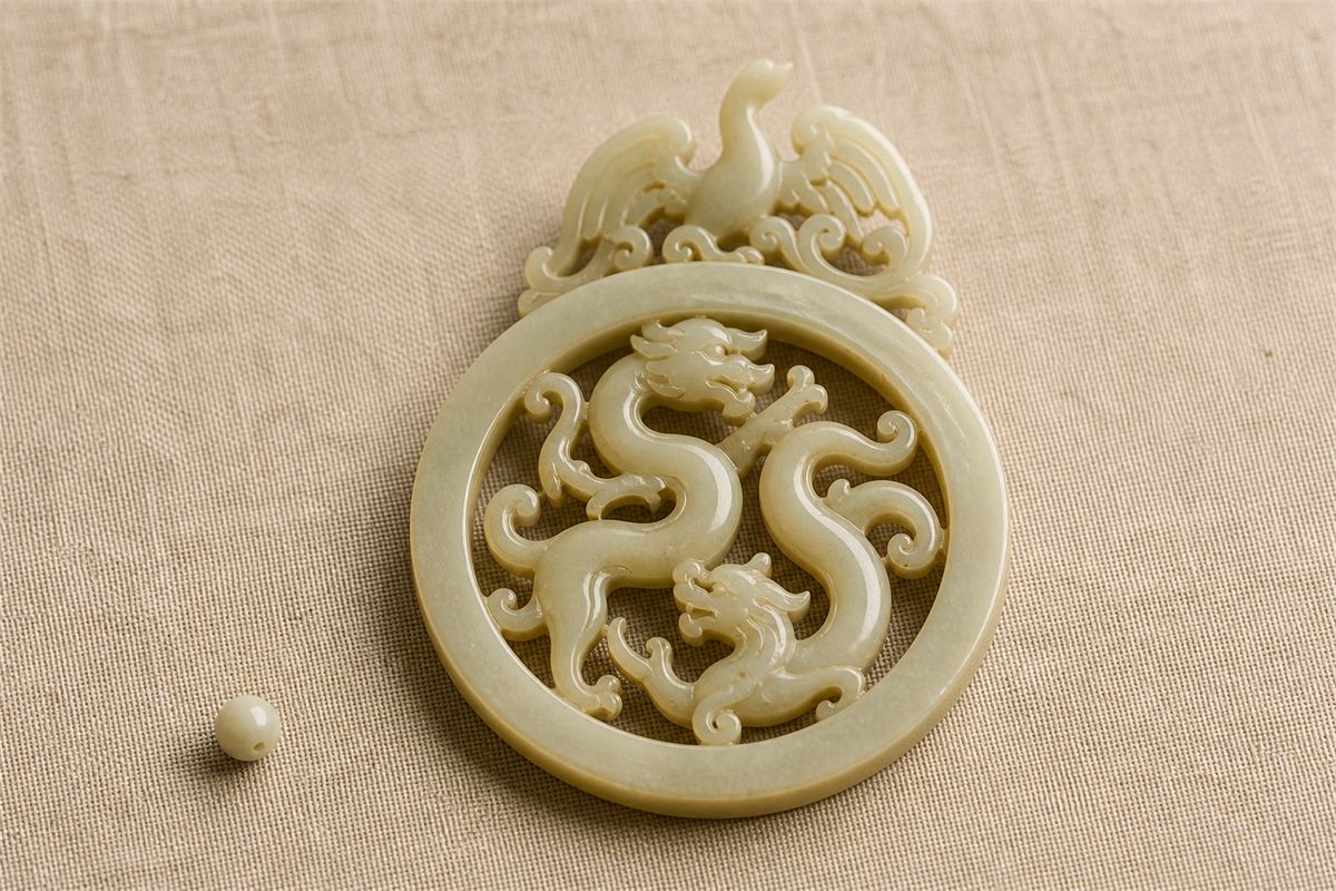 Compact pale jade bi reconstruction with a phoenix crest and two curling hornless chi dragons