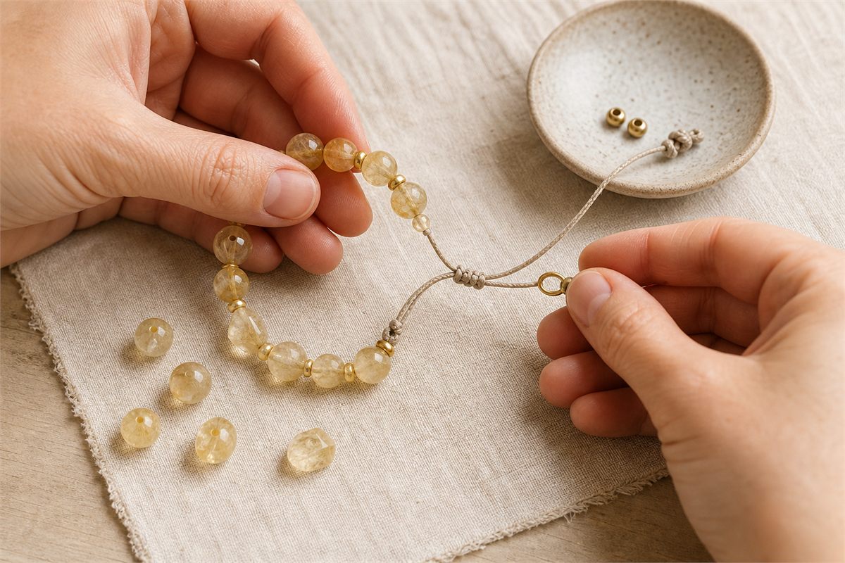 Hands checking yellow bracelet beads, drill holes, cord knot, and clasp on an ivory surface